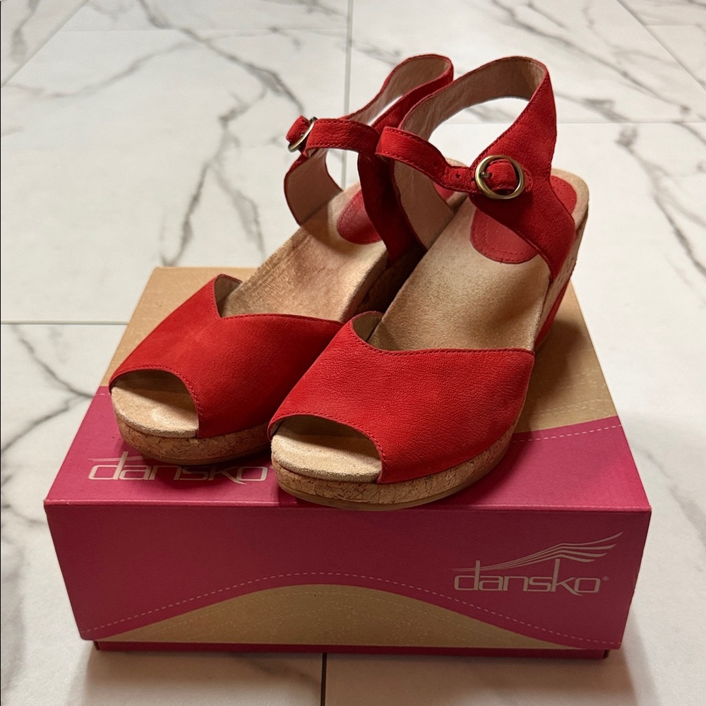 Dansko Red Suede Wedge Sandals with Ankle Strap Size 38